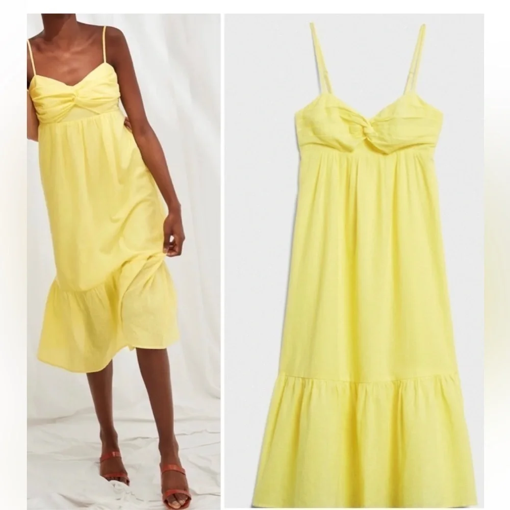 Banana Republic Linen Front Knot Midi Dress Pastel Butter Yellow Size 6 NWT